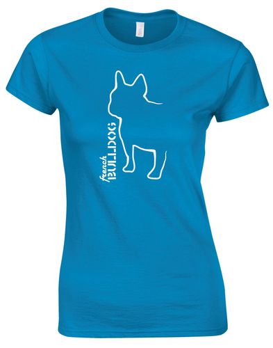 Female French Bulldog (Outline) Roundneck T-Shirt Sapphire Blue (White)