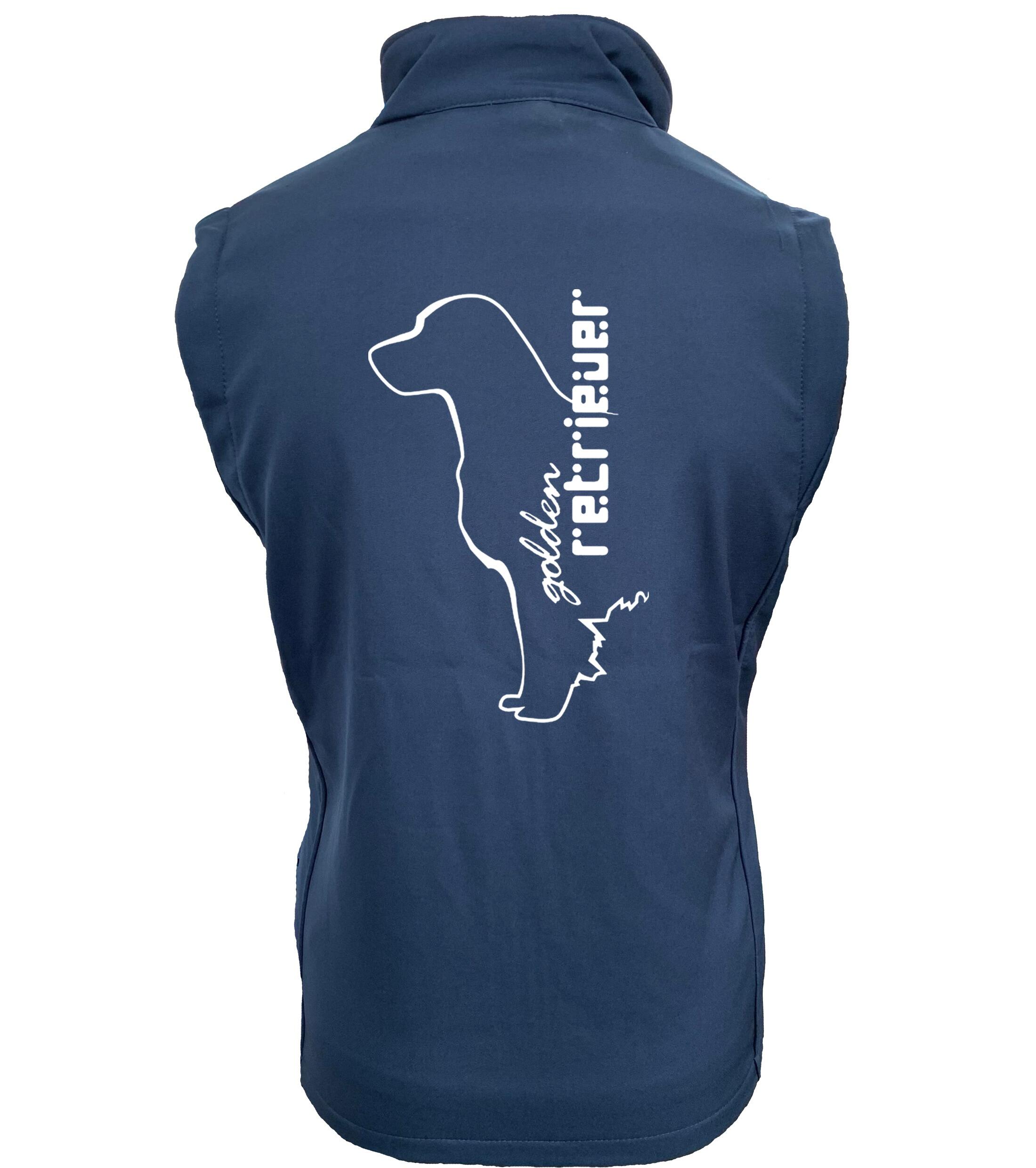 Unisex Softshell Gilet featuring an exclusive Golden Retriever design, crafted from water-resistant fabric with fleece lining, providing warmth, style, and practicality for dog lovers.