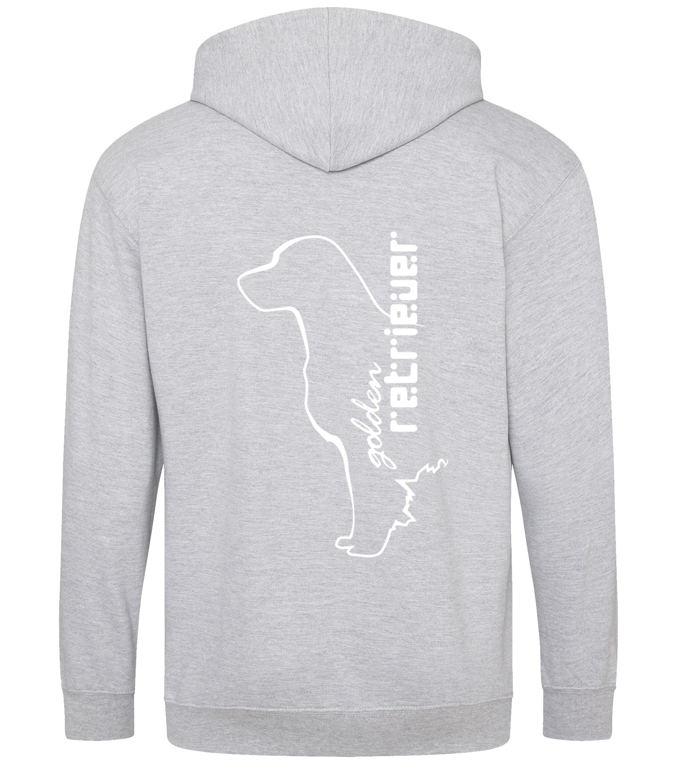 Golden Retriever zipped hoodie featuring an exclusive breed design, heavy-blend fabric with a brushed fleece interior, full-zip closure, and practical pockets, perfect for Golden Retriever enthusiasts.