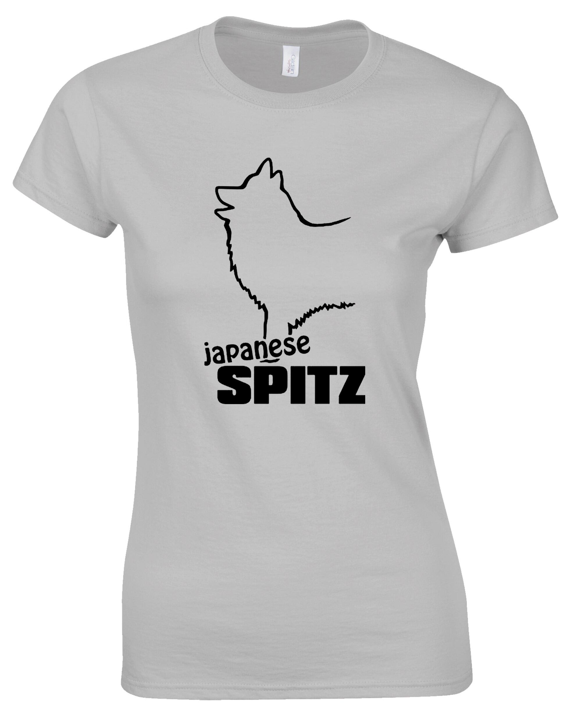 Female roundneck T-shirt featuring exclusive Japanese Spitz artwork, crafted for breed enthusiasts.