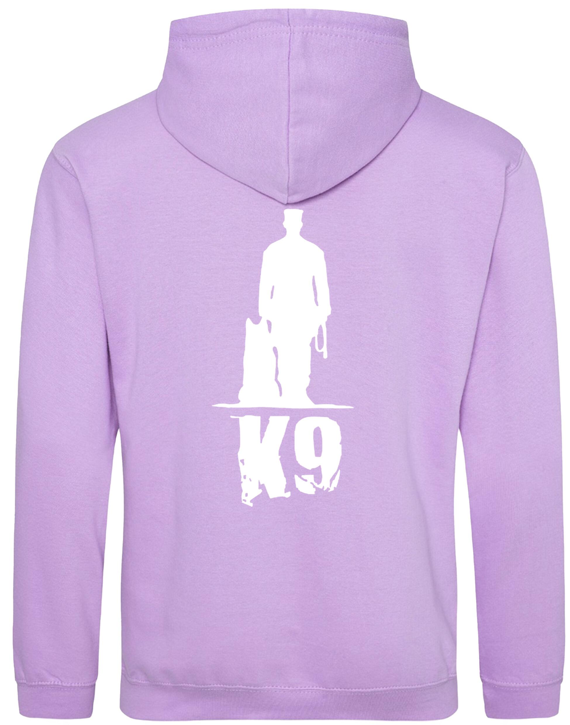 K9 pullover hoodie with exclusive artwork, brushed fleece interior, and personalization options, perfect for dog lovers at events or casual outings.