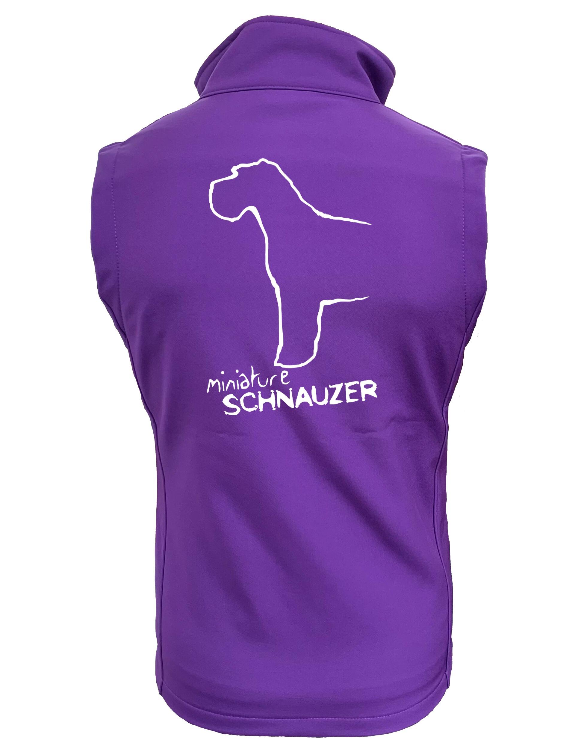 Miniature Schnauzer Women’s Softshell Gilet with water-resistant fabric, fleece lining, and exclusive breed artwork for comfort and style.