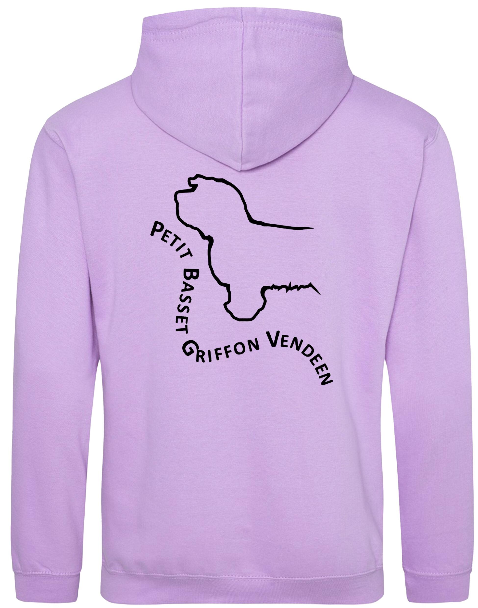 Petit Basset Griffon Vendéen Pullover Hoodie – warm fleece-lined hoodie featuring exclusive breed artwork, personalization options, a kangaroo pouch pocket, ribbed cuffs, and a double-fabric hood.