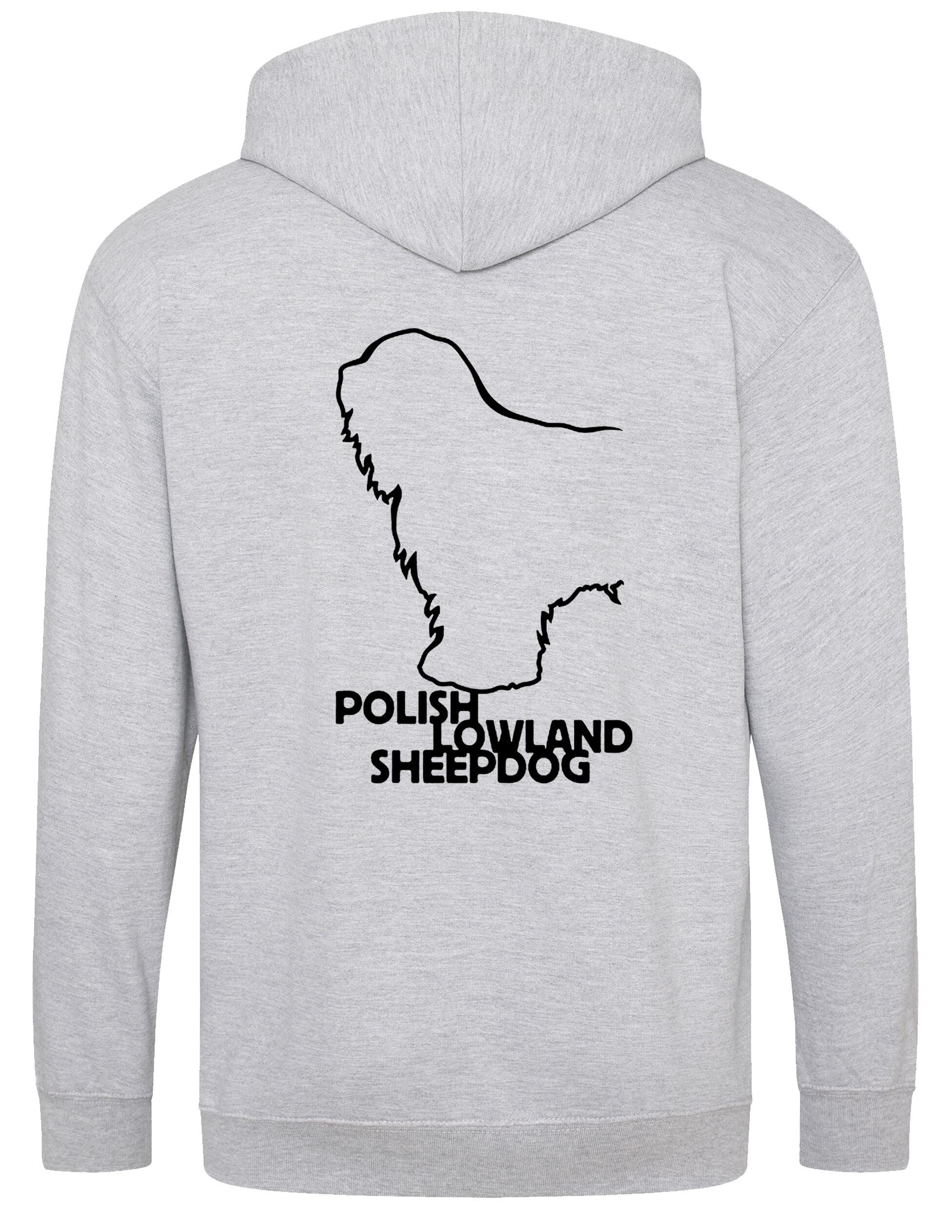 Polish Lowland Sheepdog Zipped Hoodie featuring exclusive breed artwork, full-zip closure, double-fabric hood, and spacious pockets for comfort and style.