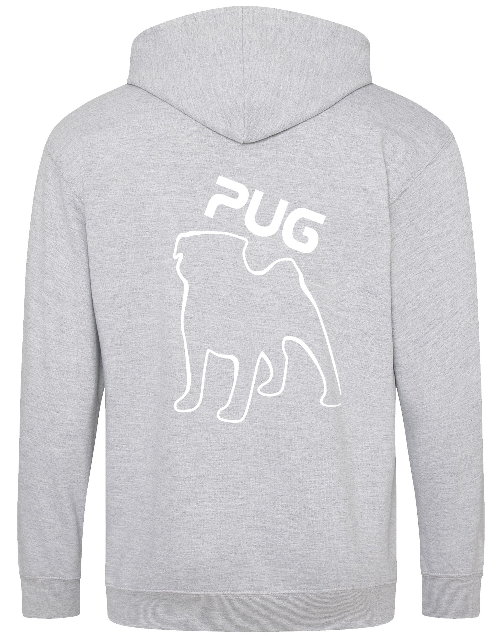 Unisex Pug (Outline) Zipped Hoodie featuring exclusive outline artwork, crafted from heavy-blend fabric with a brushed fleece interior, a full-zip closure, and a spacious kangaroo pocket for stylish, cozy comfort.