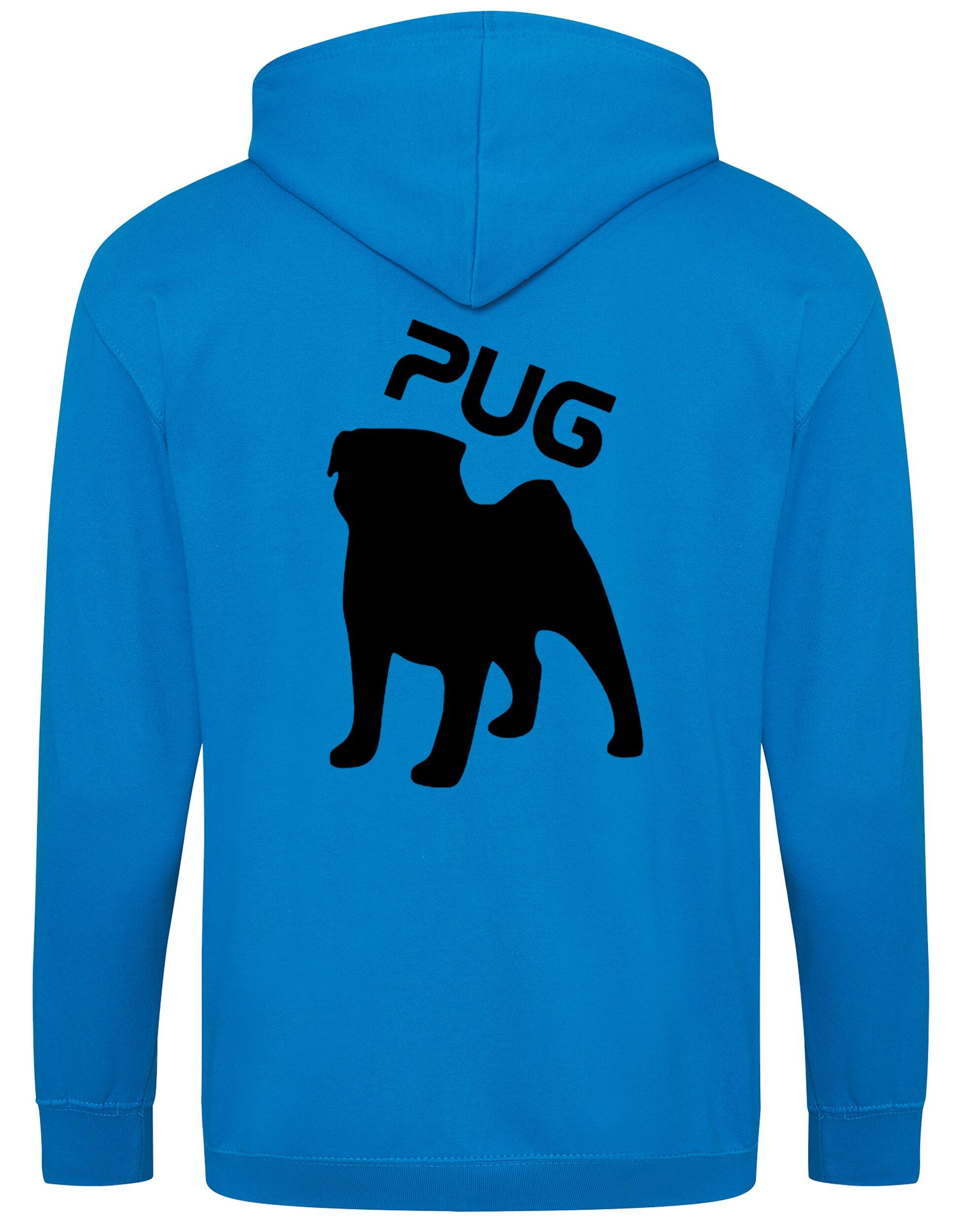 Unisex Pug (Silhouette) Zipped Hoodie featuring exclusive silhouette artwork, crafted from heavy-blend fabric with a brushed fleece interior, a full-zip closure, and a spacious kangaroo pocket for stylish, comfortable outdoor wear.