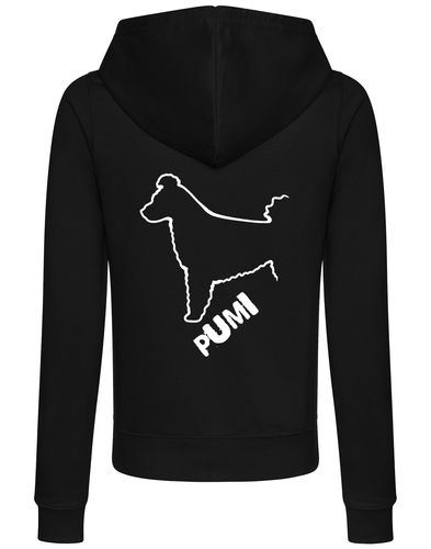 Women's Hungarian Pumi Zipped Hoodie featuring exclusive breed artwork, crafted from premium breathable fabric with a cozy hood and practical front pockets for stylish, versatile outdoor wear.