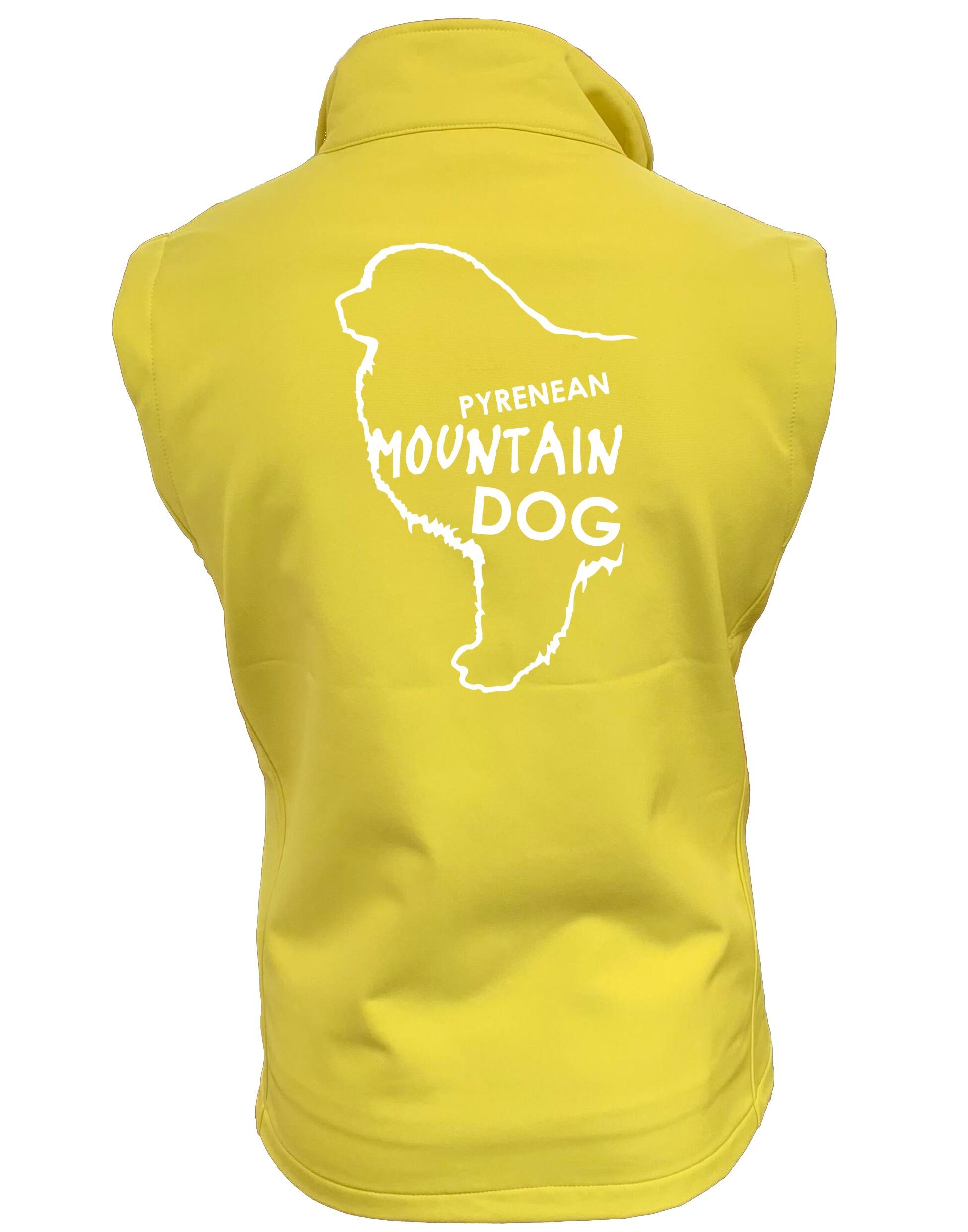 Unisex Pyrenean Mountain Dog Softshell Gilet featuring exclusive breed artwork with personalization options, crafted from premium water-resistant fabric with a cozy fleece lining, a full-zip front, and side pockets for stylish, practical outdoor wear.