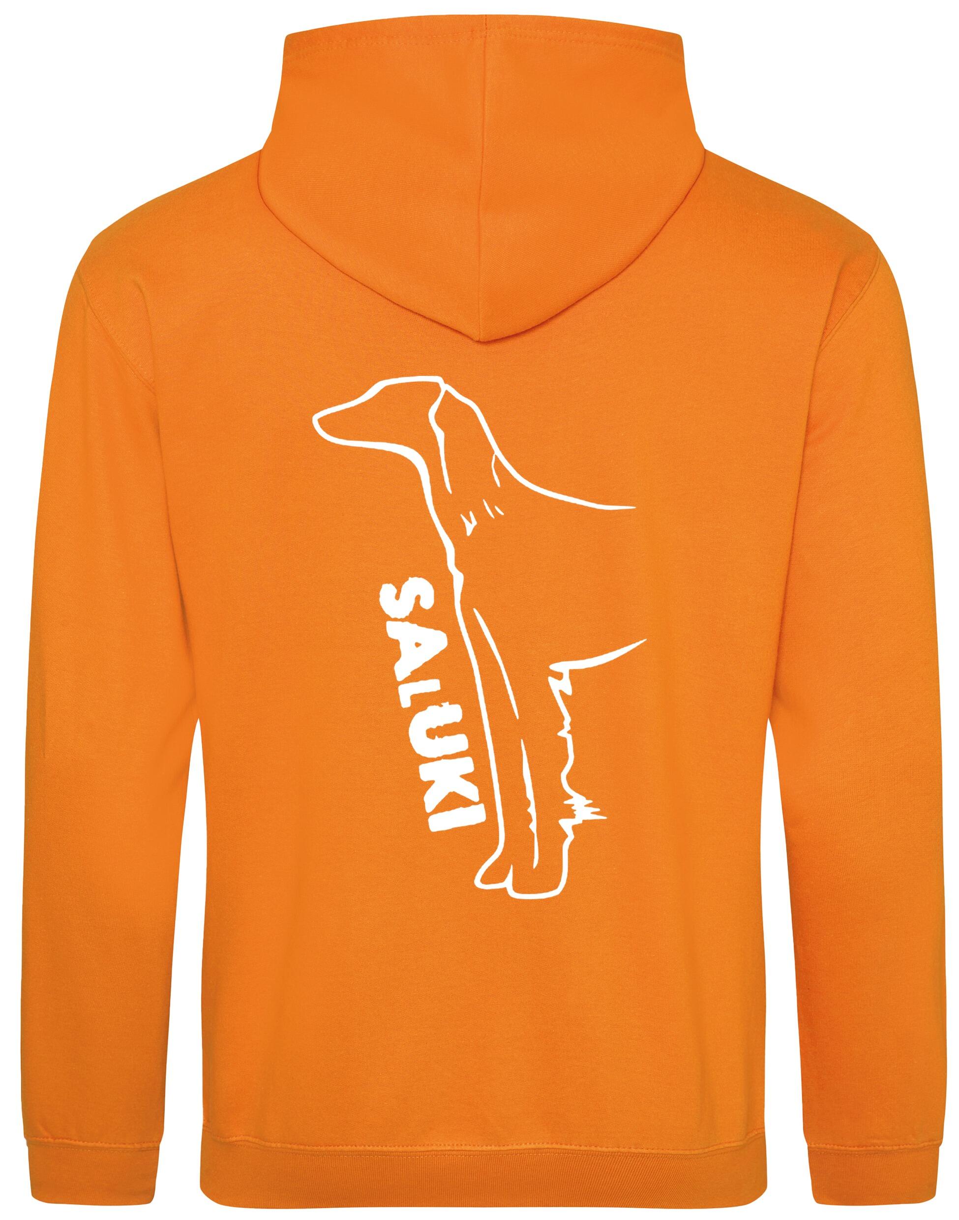 Saluki Design Pullover Hoodie featuring exclusive breed artwork, soft fleece interior, heavy-blend fabric, kangaroo pouch pocket, ribbed cuffs, and double-fabric hood with personalization options for breed enthusiasts.
