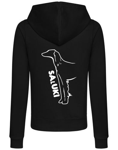 Saluki Women’s Zipped Hoodie featuring exclusive breed artwork, soft breathable fabric, flattering feminine fit, full-zip closure, cozy hood, and practical front pockets for breed enthusiasts.