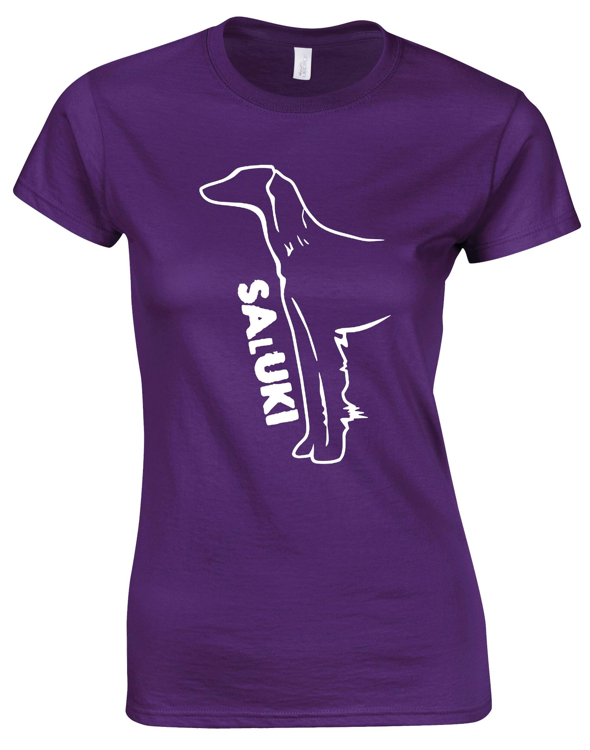 Saluki Female Roundneck T-shirt featuring exclusive breed artwork, soft breathable cotton fabric, flattering feminine fit, and classic round neckline for comfort, style, and breed pride.