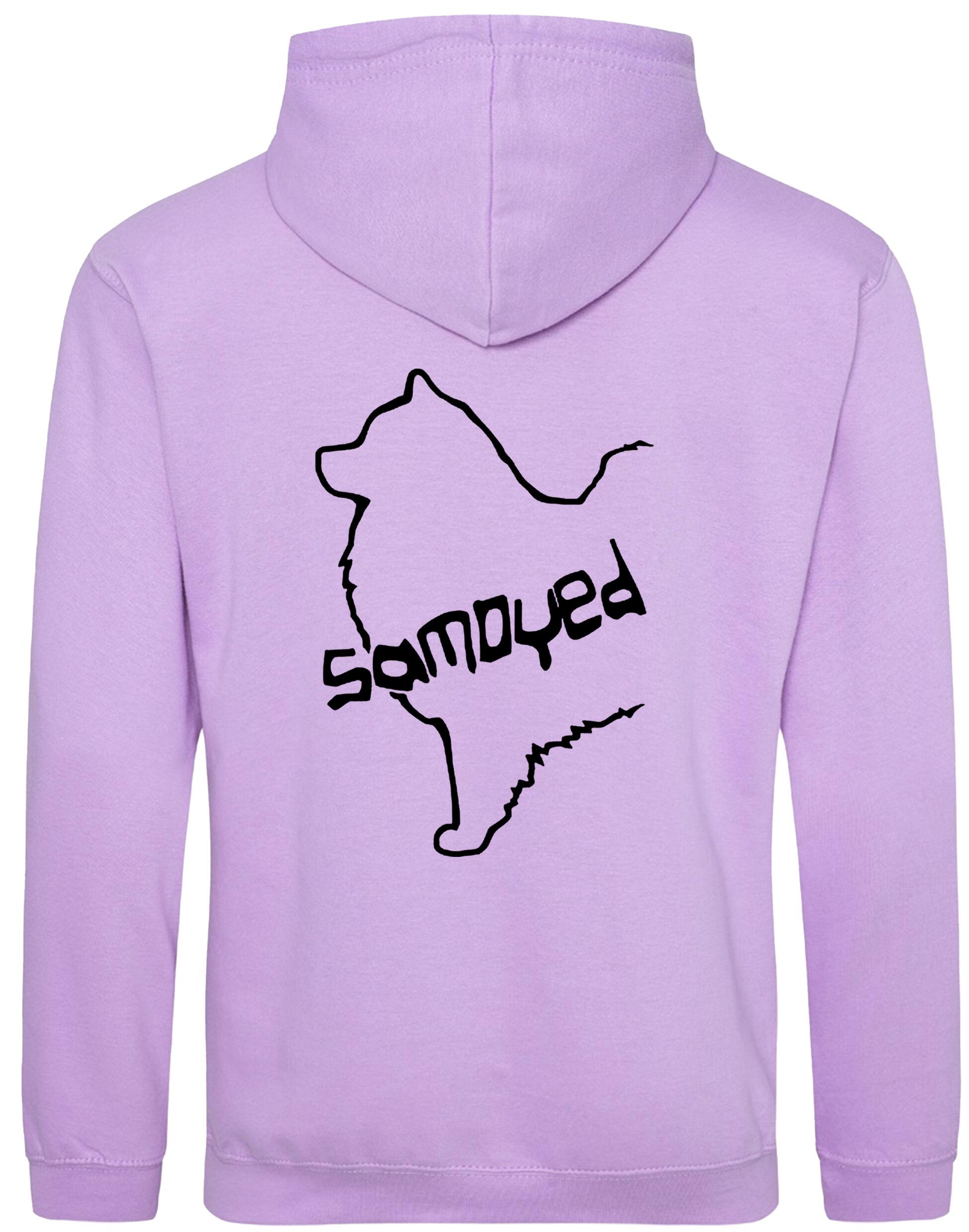 Samoyed Design Pullover Hoodie featuring exclusive breed artwork, soft fleece interior, heavy-blend fabric, kangaroo pouch pocket, ribbed cuffs, and double-fabric hood with personalization options for breed enthusiasts.