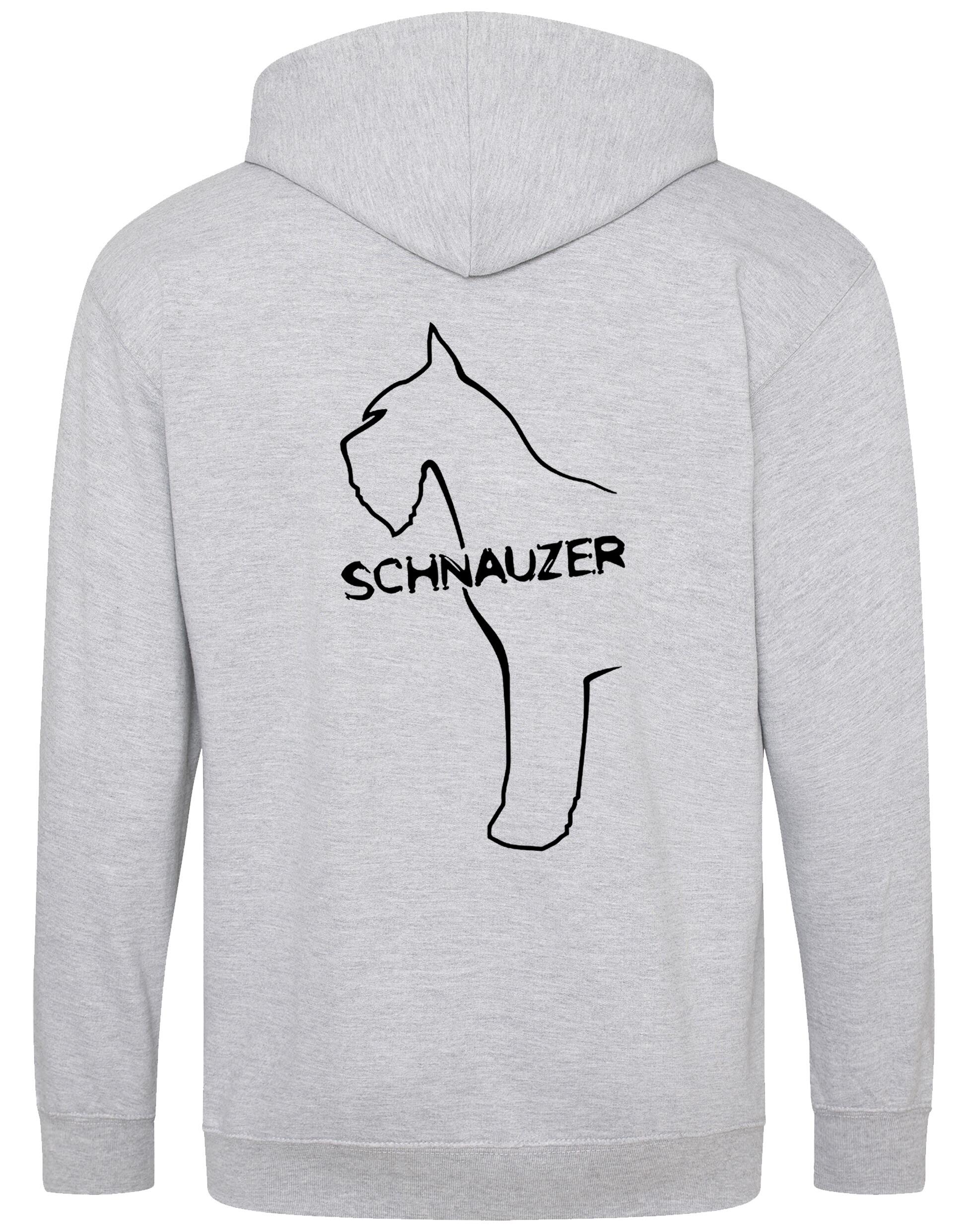 Schnauzer Zipped Hoodie featuring exclusive breed artwork on the back and paw prints on the front, made from durable heavy-blend fabric with a cozy brushed fleece interior, full-zip closure, double-fabric hood, and spacious front pockets.