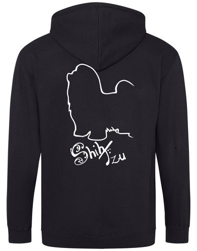 Shih Tzu zipped hoodie with paw prints on the front and detailed breed design on the back, full-zip style with hood and pockets, perfect for breed lovers.