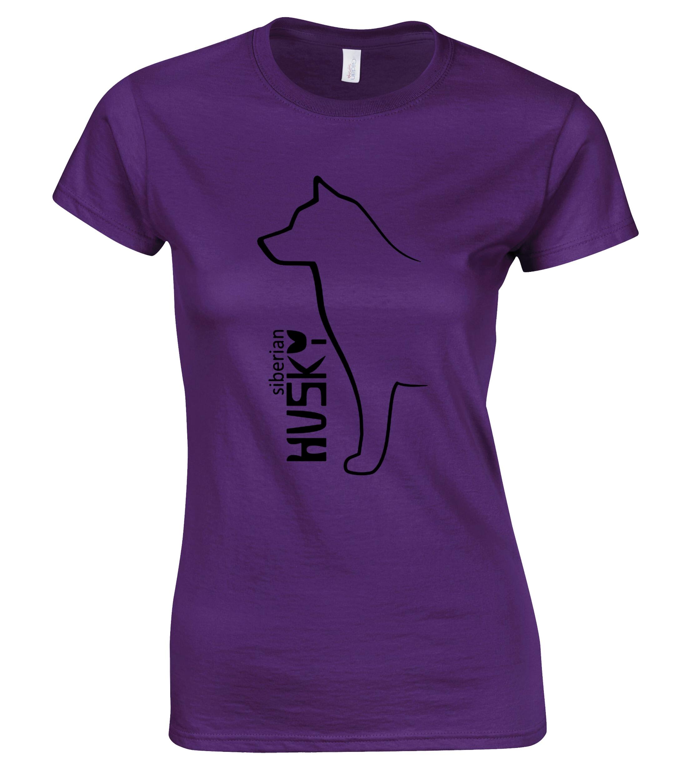 Female roundneck T-shirt featuring detailed Siberian Husky artwork on the front, made from soft breathable cotton with a flattering feminine fit—perfect for breed lovers and everyday wear.