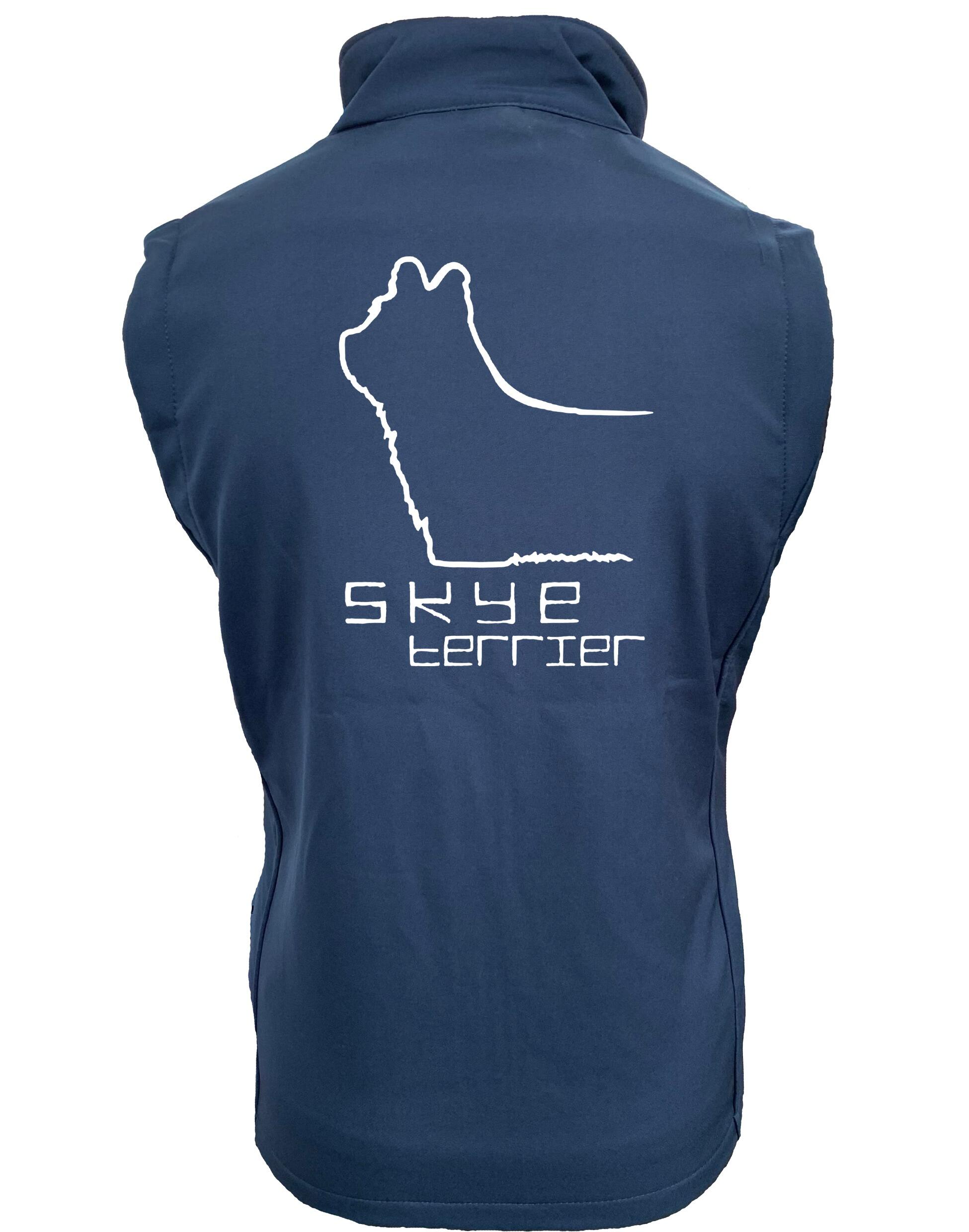 Women’s softshell gilet featuring customisable Skye Terrier artwork on the back, with water-resistant fabric, a tailored feminine fit, and two side pockets—designed for comfort, style, and dog-loving adventures.