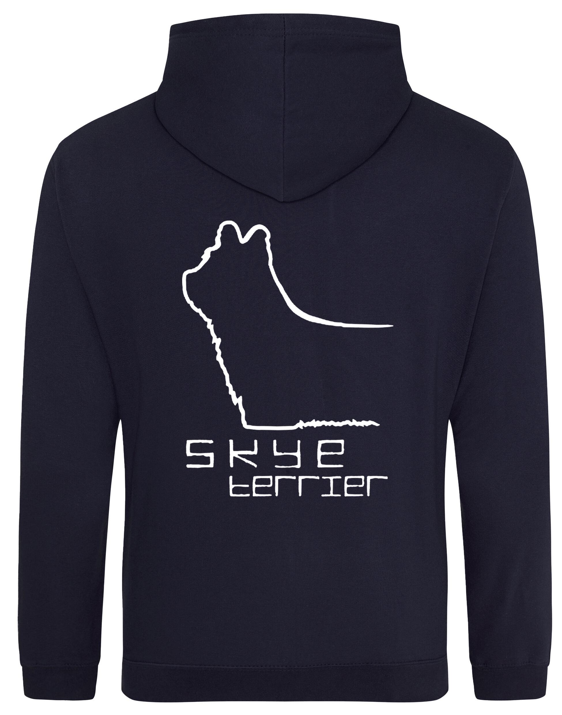 Pullover hoodie featuring exclusive Skye Terrier artwork on the back and paw prints on the front, with a brushed fleece interior, double-fabric hood, and kangaroo pocket. Ideal for Skye Terrier lovers seeking comfort and style.