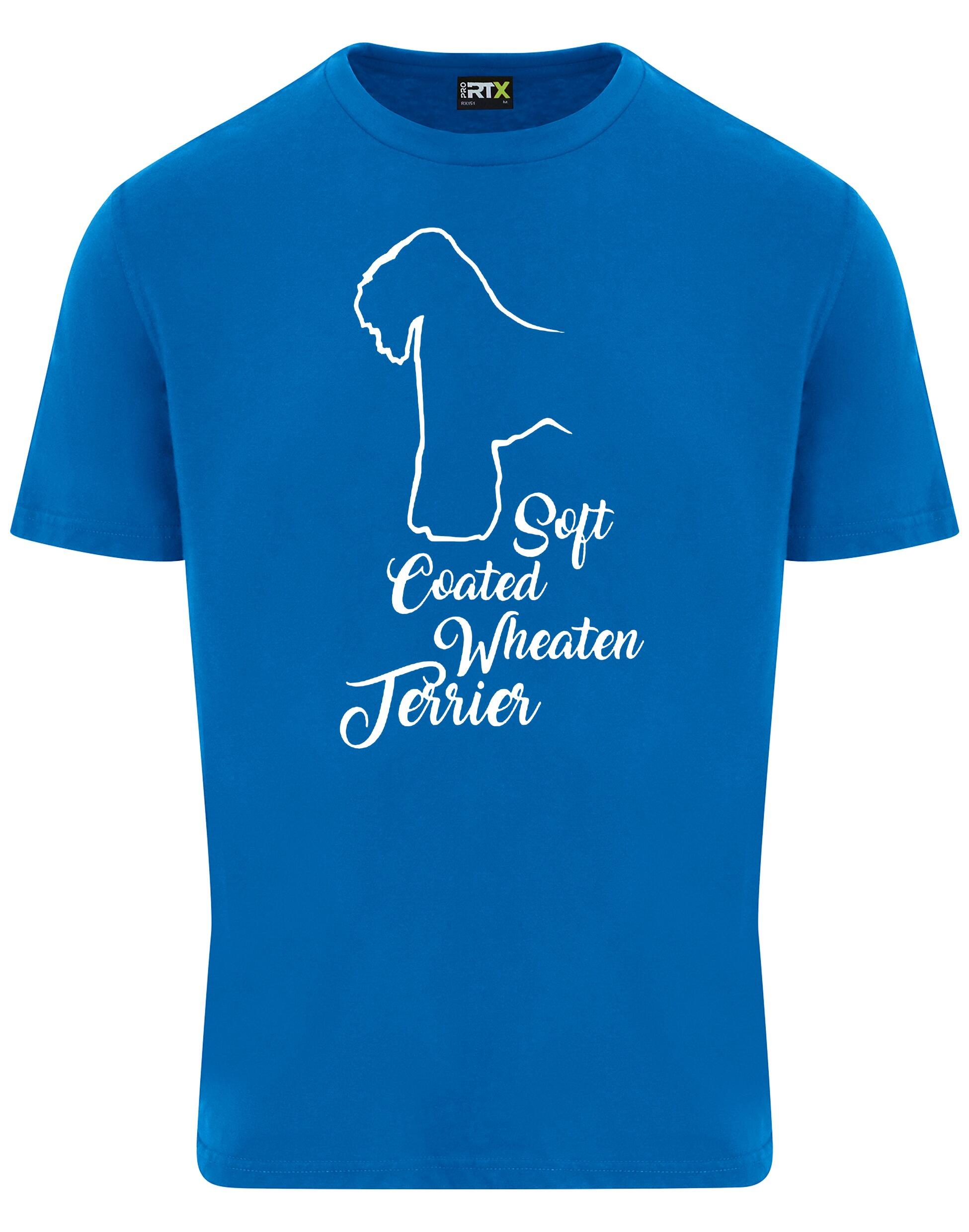 Unisex roundneck T-shirt with Soft Coated Wheaten Terrier artwork on the front, breathable cotton with relaxed fit