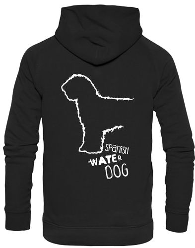 Pullover hoodie featuring Spanish Water Dog artwork on the back and paw prints on the front. Heavy-blend fabric with a brushed fleece interior, double-fabric hood, kangaroo pocket, and ribbed cuffs—ideal for cold weather, breed events, and casual comfort.