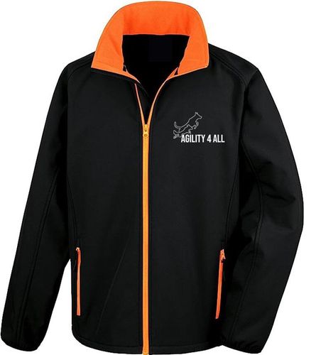 Agility 4 All Official Clothing - Black/Orange Male Softshell Jacket Front Image - White Printed Logo