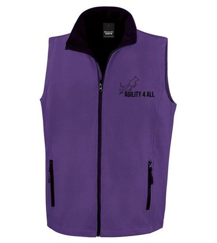 Agility 4 All Official Clothing - Purple Male Softshell Gilet Front - Black Printed Logo