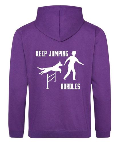 Keep Jumping Hurdles Design on a Purple Pullover Hoodie White Print