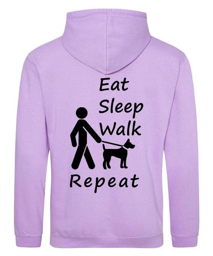 Eat Sleep Walk Repeat Design on a Lavender Pullover Hoodie Black Print