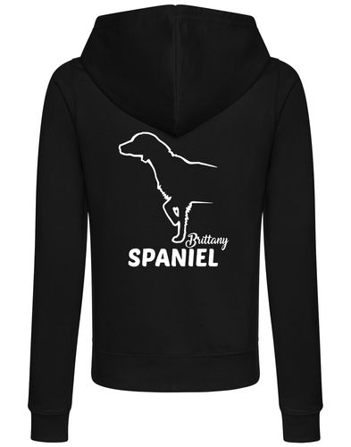 Female Brittany Spaniel Zipped Hoodie Black (White)