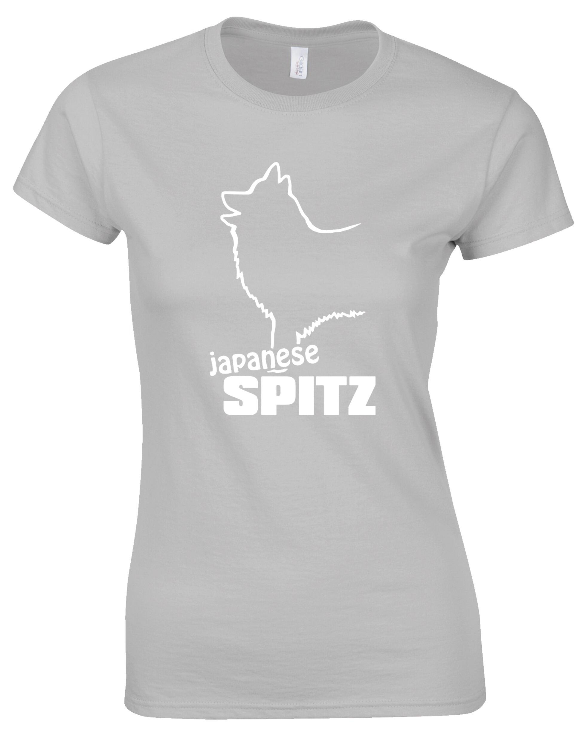 Female roundneck T-shirt featuring exclusive Japanese Spitz artwork, crafted for breed enthusiasts.