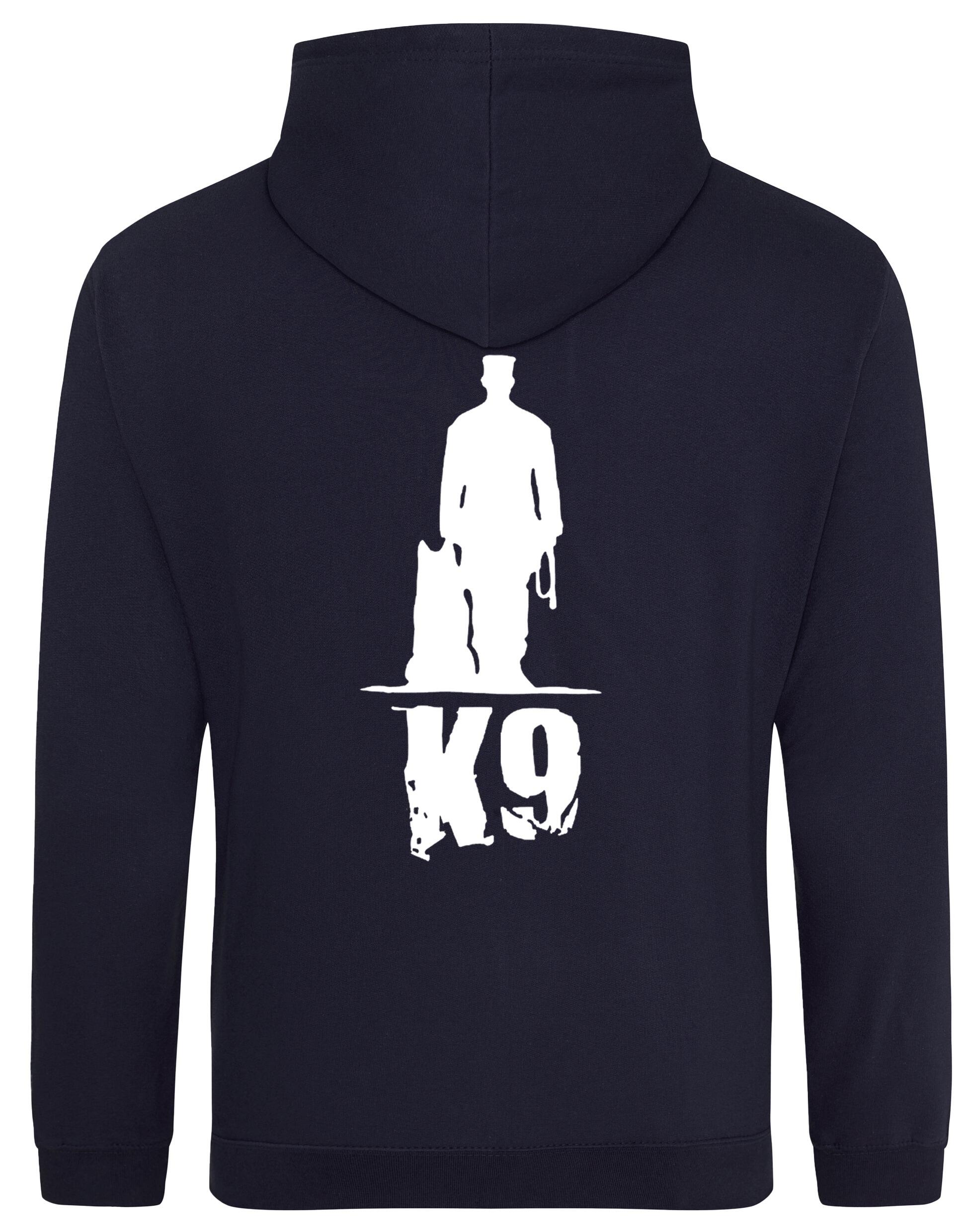 K9 pullover hoodie with exclusive artwork, brushed fleece interior, and personalization options, perfect for dog lovers at events or casual outings.