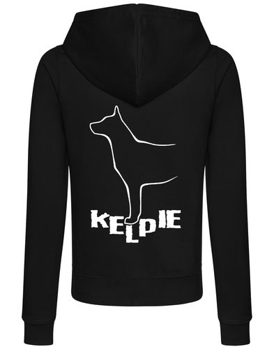 Kelpi Women’s Zipped Hoodie with exclusive breed-inspired artwork, breathable fabric, and practical features for stylish comfort.