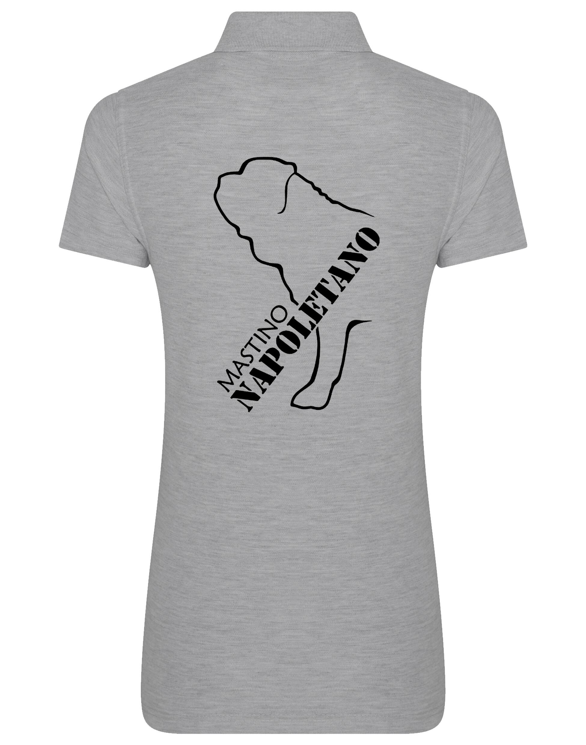 Woman wearing Mastino Napoletano Women’s Cotton Polo featuring exclusive breed artwork on the back, crafted from breathable cotton with a flattering feminine fit.