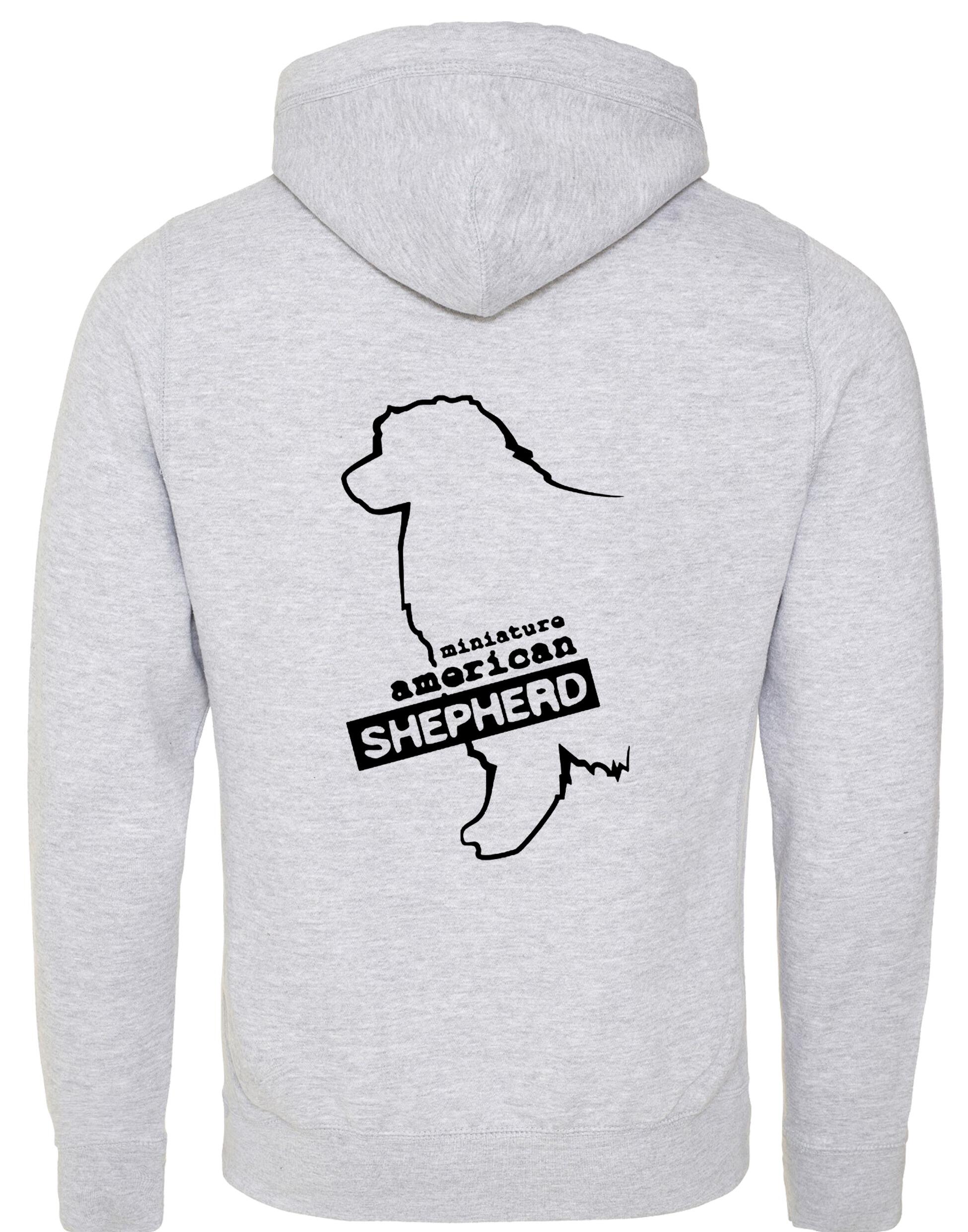 Miniature American Shepherd Crossneck Pullover Hoodie featuring exclusive breed artwork, soft fleece lining, and a stylish modern design.