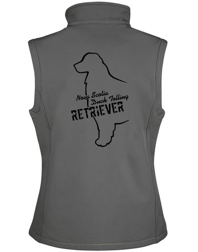 Unisex softshell gilet featuring a detailed Nova Scotia Duck Tolling Retriever design. Water-resistant, fleece-lined, and lightweight. Ideal for layering during outdoor activities, breed events, and casual wear.