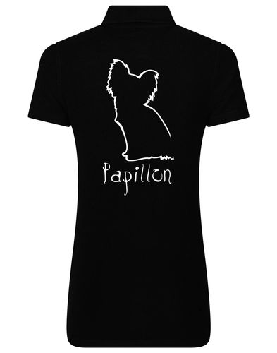 Papillon Women’s Cotton Polo – breathable cotton polo with an exclusive Papillon breed design. Perfect for dog lovers and Papillon owners!