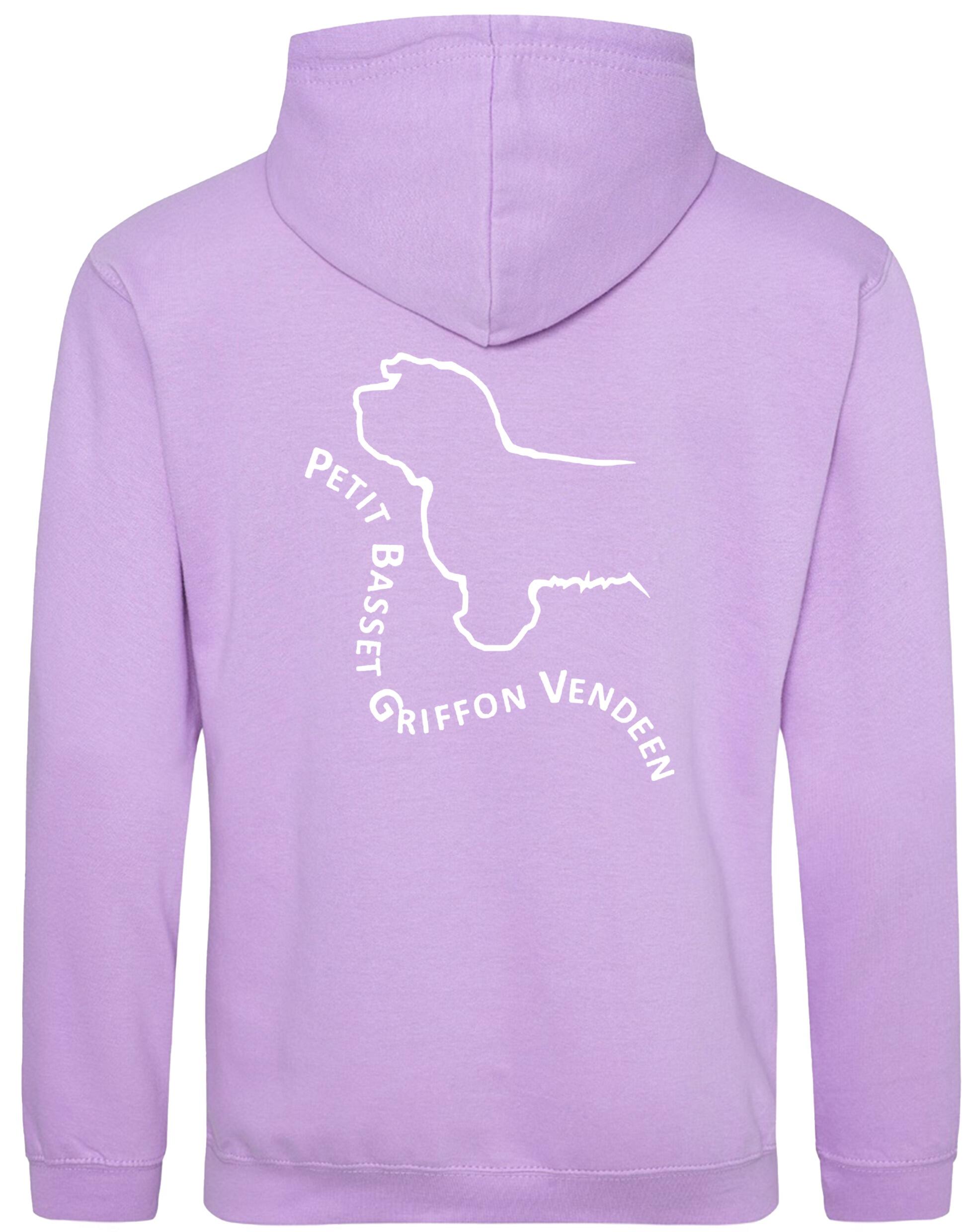 Petit Basset Griffon Vendéen Pullover Hoodie – warm fleece-lined hoodie featuring exclusive breed artwork, personalization options, a kangaroo pouch pocket, ribbed cuffs, and a double-fabric hood.