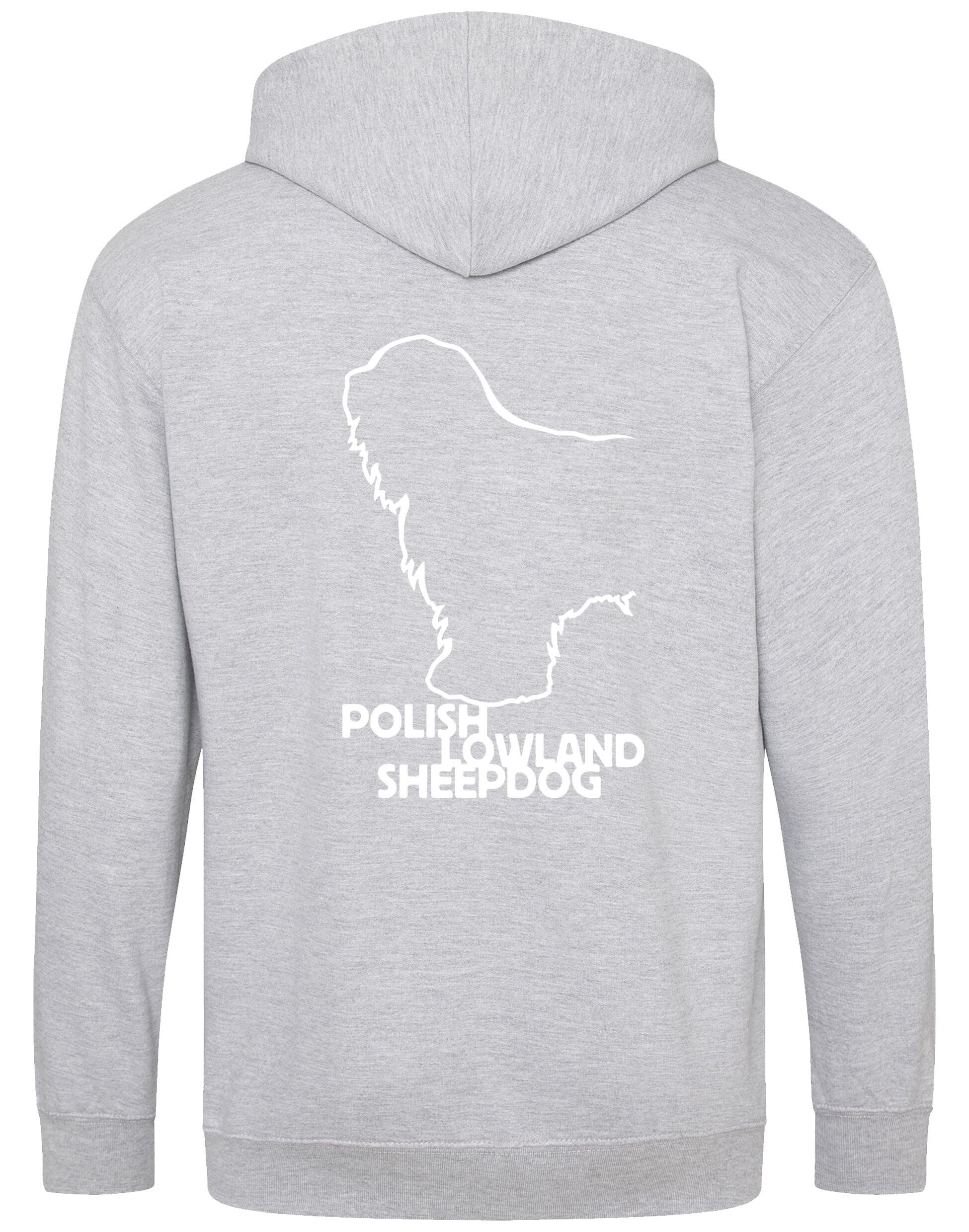 Polish Lowland Sheepdog Zipped Hoodie featuring exclusive breed artwork, full-zip closure, double-fabric hood, and spacious pockets for comfort and style.