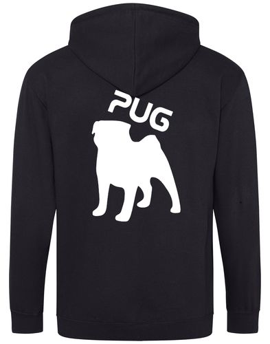 Unisex Pug (Silhouette) Zipped Hoodie featuring exclusive silhouette artwork, crafted from heavy-blend fabric with a brushed fleece interior, a full-zip closure, and a spacious kangaroo pocket for stylish, comfortable outdoor wear.