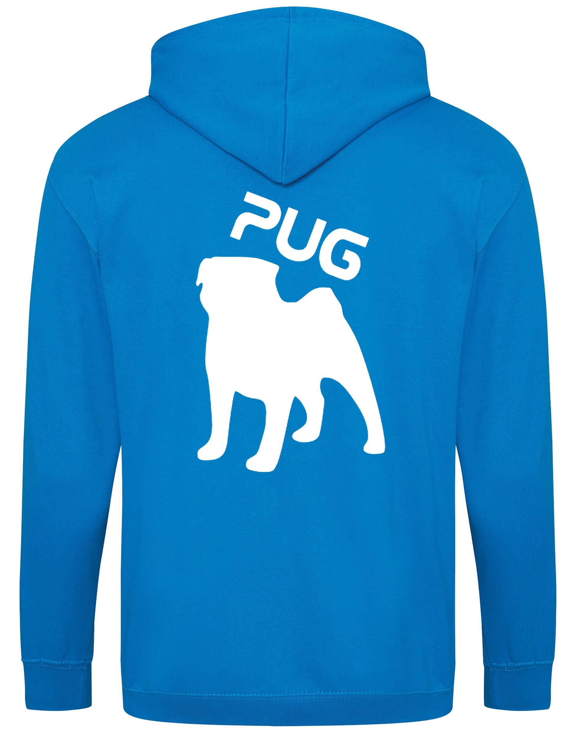 Unisex Pug (Silhouette) Zipped Hoodie featuring exclusive silhouette artwork, crafted from heavy-blend fabric with a brushed fleece interior, a full-zip closure, and a spacious kangaroo pocket for stylish, comfortable outdoor wear.