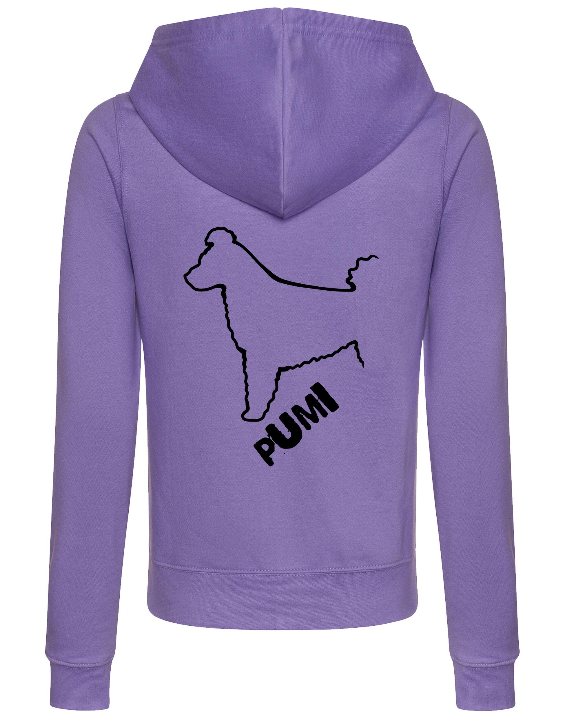 Women's Hungarian Pumi Zipped Hoodie featuring exclusive breed artwork, crafted from premium breathable fabric with a cozy hood and practical front pockets for stylish, versatile outdoor wear.