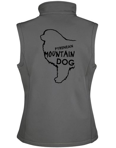 Women's Pyrenean Mountain Dog Softshell Gilet featuring exclusive breed artwork with personalization options, crafted from premium water-resistant fabric with a cozy fleece lining, a full-zip front, and side pockets for stylish, versatile outdoor wear.