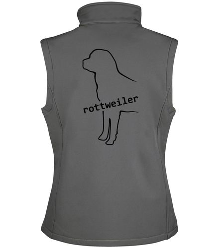 Rottweiler Unisex Softshell Gilet featuring exclusive breed artwork, water-resistant lightweight fabric, soft fleece lining, full-zip front, side pockets, and a relaxed unisex fit for breed enthusiasts.