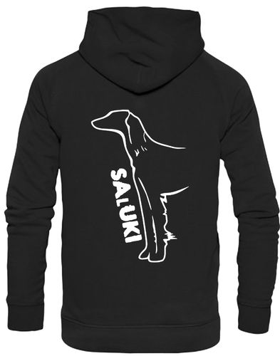 Saluki Design Pullover Hoodie featuring exclusive breed artwork, soft fleece interior, heavy-blend fabric, kangaroo pouch pocket, ribbed cuffs, and double-fabric hood with personalization options for breed enthusiasts.