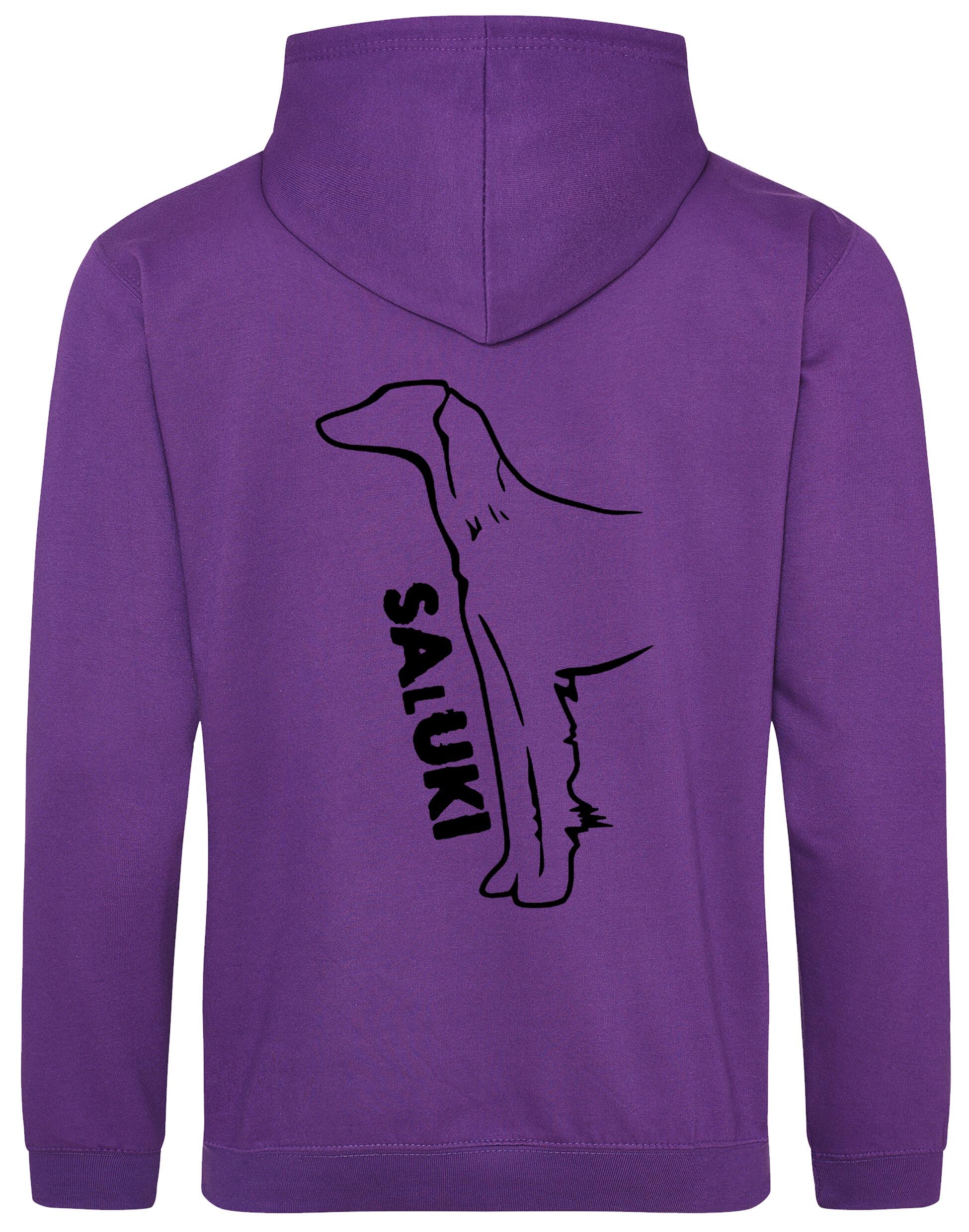 Saluki Design Pullover Hoodie featuring exclusive breed artwork, soft fleece interior, heavy-blend fabric, kangaroo pouch pocket, ribbed cuffs, and double-fabric hood with personalization options for breed enthusiasts.