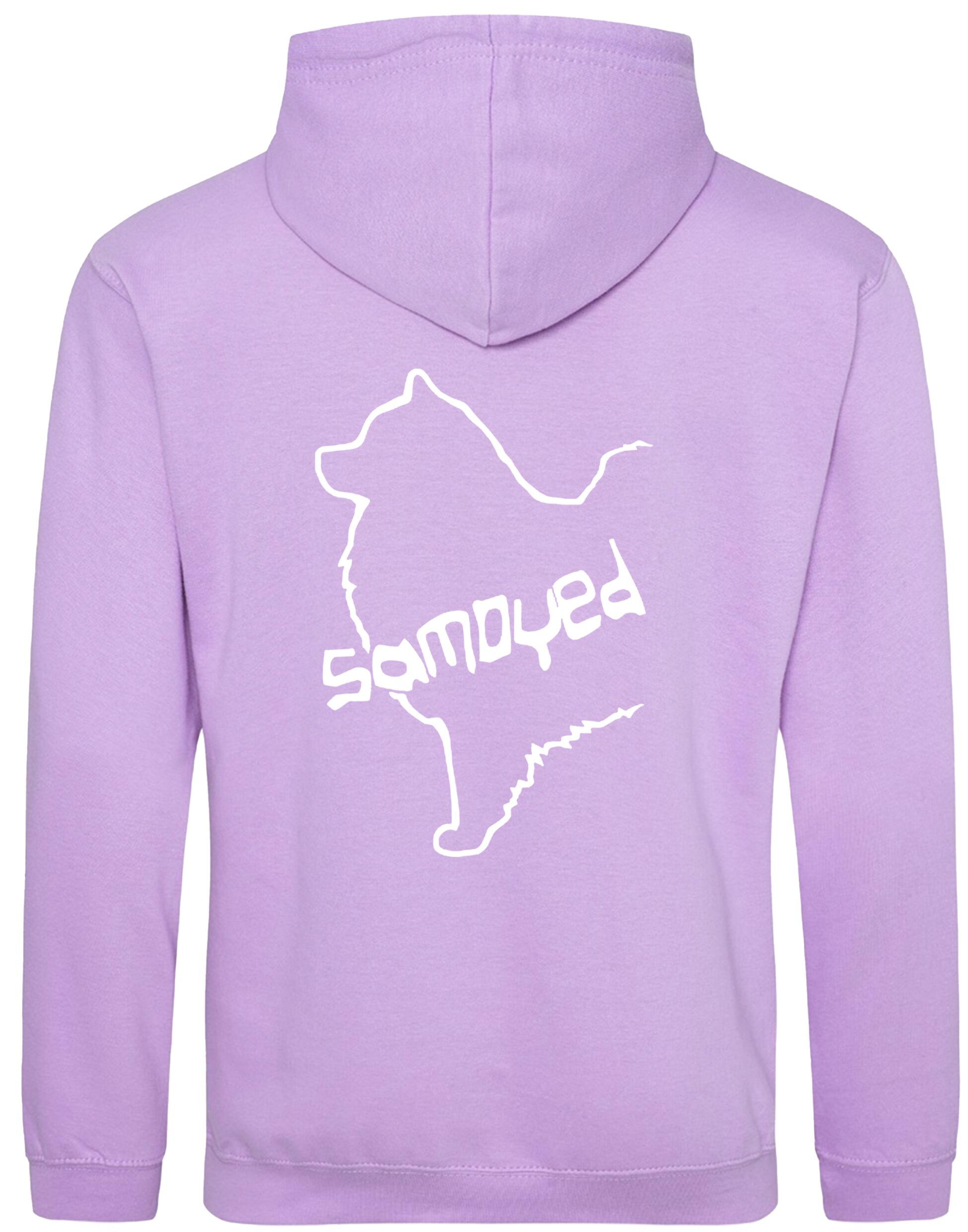 Samoyed Design Pullover Hoodie featuring exclusive breed artwork, soft fleece interior, heavy-blend fabric, kangaroo pouch pocket, ribbed cuffs, and double-fabric hood with personalization options for breed enthusiasts.