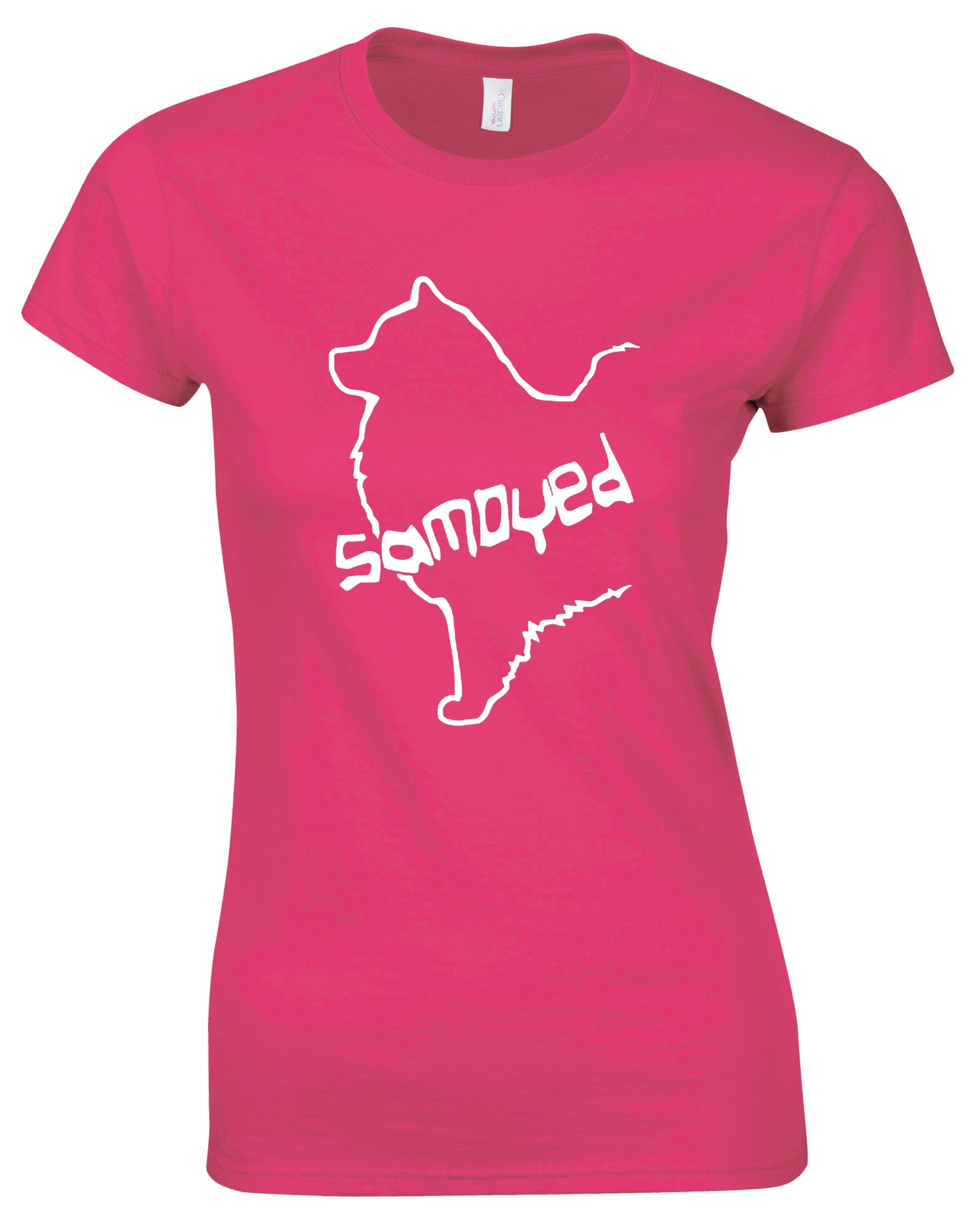 Samoyed Female Roundneck T-shirt featuring exclusive breed artwork, soft breathable cotton, tailored feminine fit, classic round neckline, and lightweight comfort for breed enthusiasts.