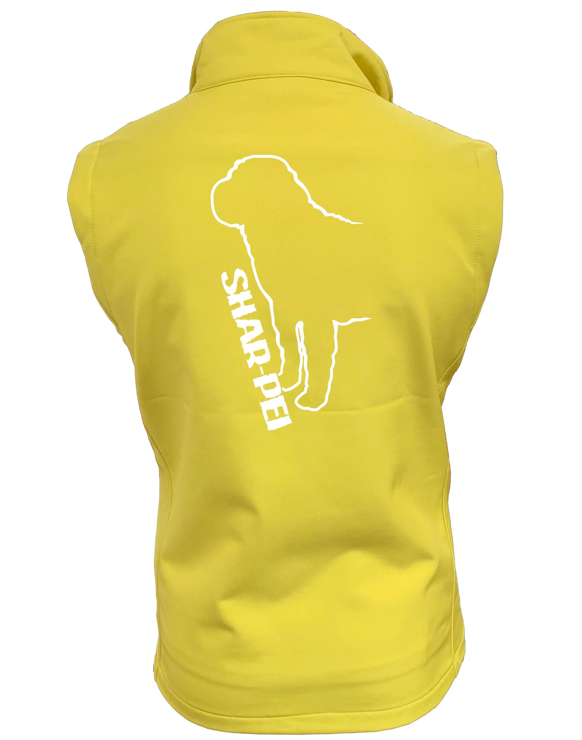 Women's Softshell Gilet featuring exclusive Shar Pei artwork, showcasing the breed's distinctive wrinkles and loyal demeanour.