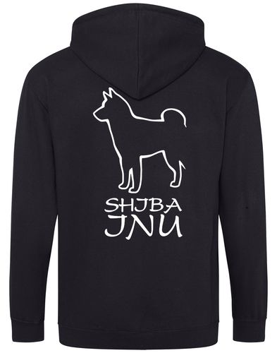 Unisex zipped hoodie featuring exclusive Shiba Inu artwork on the back, paw prints on the front, full-length zip, cozy brushed fleece lining, and front pockets – ideal for breed enthusiasts.
