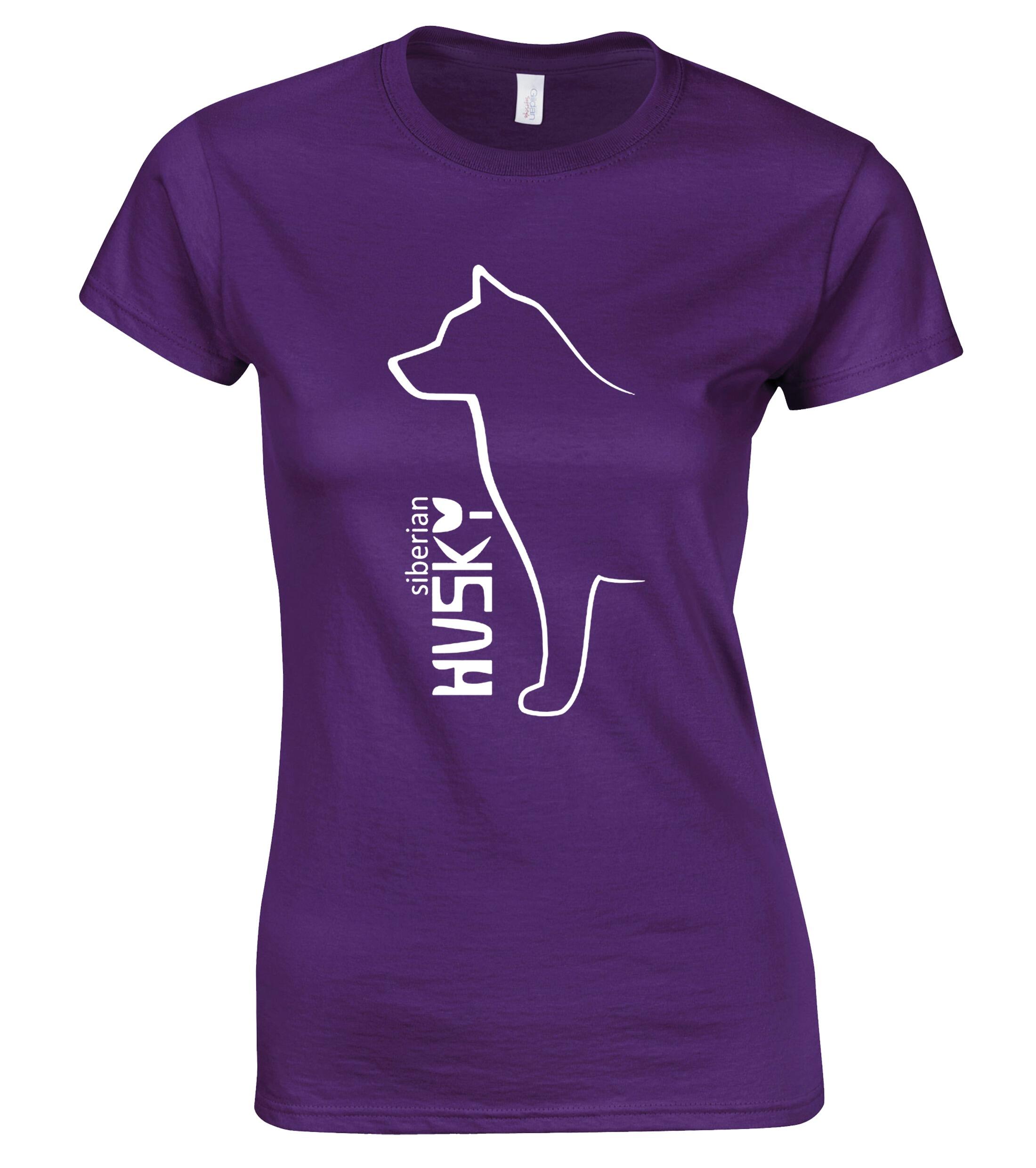 Female roundneck T-shirt featuring detailed Siberian Husky artwork on the front, made from soft breathable cotton with a flattering feminine fit—perfect for breed lovers and everyday wear.