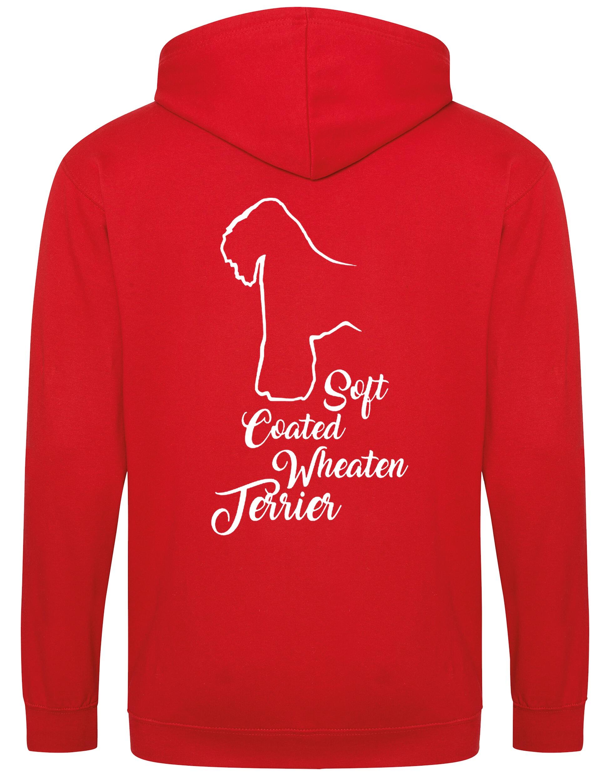 Soft Coated Wheaten Terrier zipped hoodie with breed artwork on the back and paw prints on the front, fleece-lined for warmth